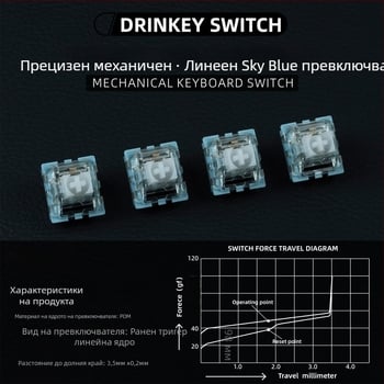 Механичен клавиатурен превключвател, Sky blue axis v2 модел; пластмасов вал, инжекционно формован; съвместим с трикрак вал и универсален