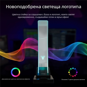 Стойка за слушалки с RGB LED осветление, двуфункционална настолна стойка за дисплей и съхранение; модел Acrylic bracket; материал силикон