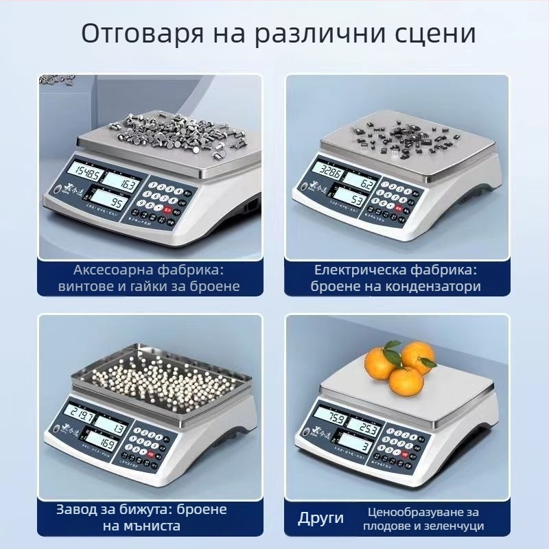 Електронна броячна везна модел SY — прецизност 0.1 g, диапазон на измерване 0.1 g–40 kg, електронно измерване, захранване: батерия или мрежово захранване