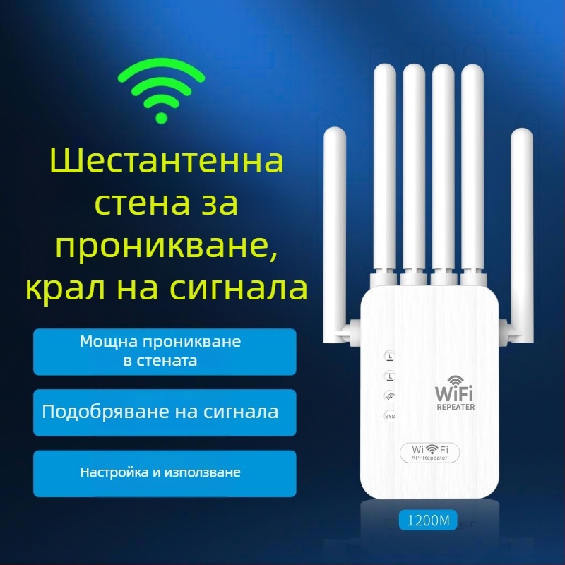 Безжичен повторител – 6 антени, 1200M Z1200, Cat5 кабел, разстояние на реле 15–30 м, скорост над гигабит, мълниезащита