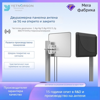 4G/5G плоска панел антена за вътрешна и външна употреба, насочена антена за WiFi рутер; усилване 2–12 dBi; честотен диапазон 600–2700 MHz; импеданс 50 Ω; SWR ≤ 2; захранване 5 V