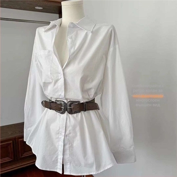 Риза‑рокля с колан и дълги ръкави, поло яка, Chenille плат (Спандекс; съдържание под 30%; ръкав рога)