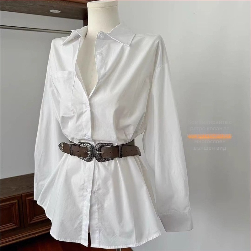 Риза‑рокля с колан и дълги ръкави, поло яка, Chenille плат (Спандекс; съдържание под 30%; ръкав рога)