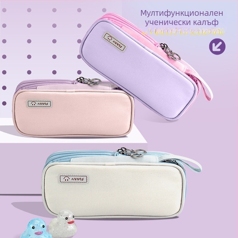 Калъф за моливи, с три слоя, преносим, с голям капацитет (платно; корейски стил)