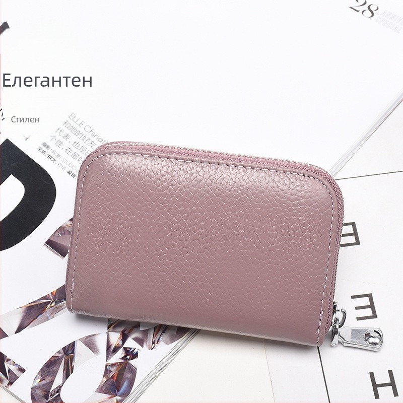 Картодържател портфейл от естествена кожа с RFID защита, анти‑крадба, цип, унисекс, многофункционален акордеон стил