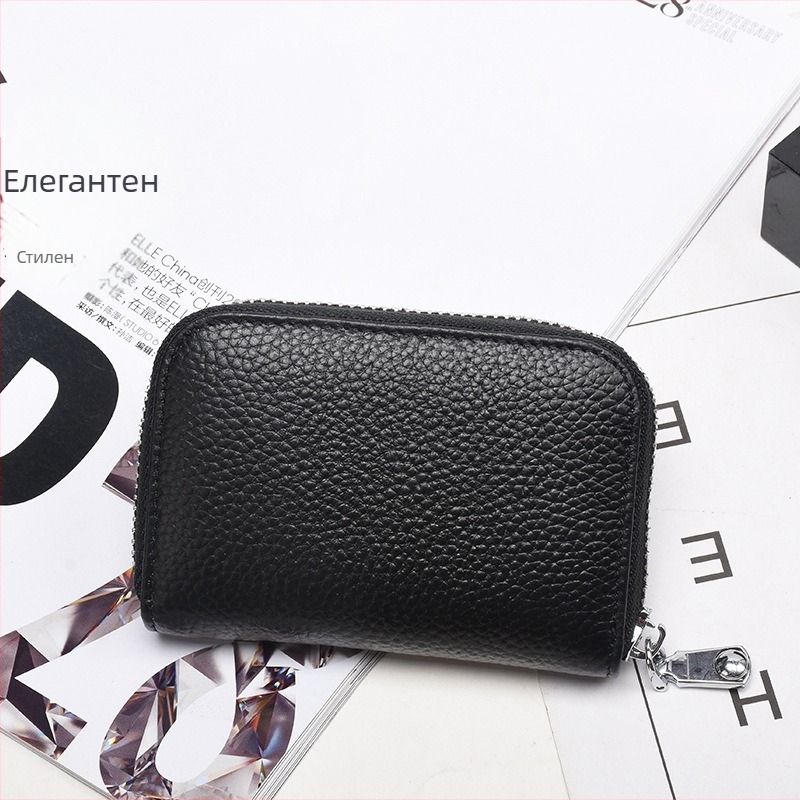 Картодържател портфейл от естествена кожа с RFID защита, анти‑крадба, цип, унисекс, многофункционален акордеон стил