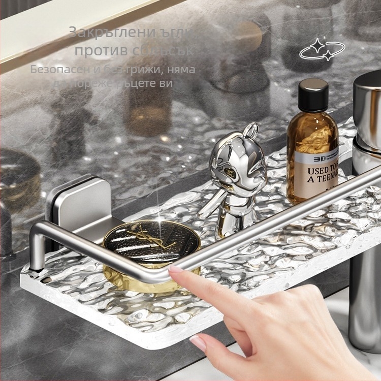 Алуминиева сплав полка за баня без пробиване — пясъкоструйно покритие, монтаж пред огледало, товароподемност 40 jin, една полка