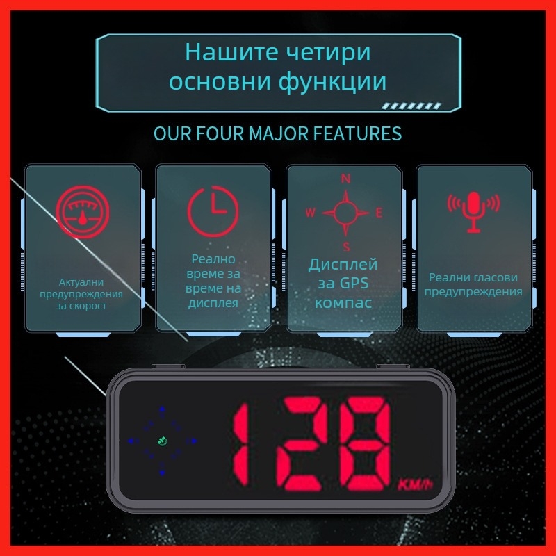Автомобилен HUD дисплей с радар-предупреждение и гласово предупреждение, GPS компас и скоростомер; модел V12, ABS, USB захранване, тегло 120 g
