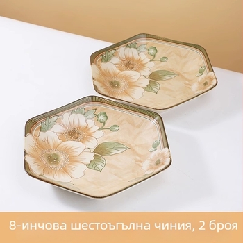 Ретро керамична шестоъгълна чиния с мотив камелия, 8 инча, за дома, дълбока чиния за закуска, скандинавски стил