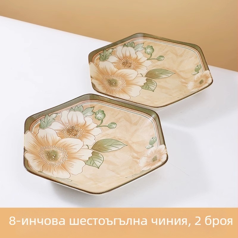 Ретро керамична шестоъгълна чиния с мотив камелия, 8 инча, за дома, дълбока чиния за закуска, скандинавски стил