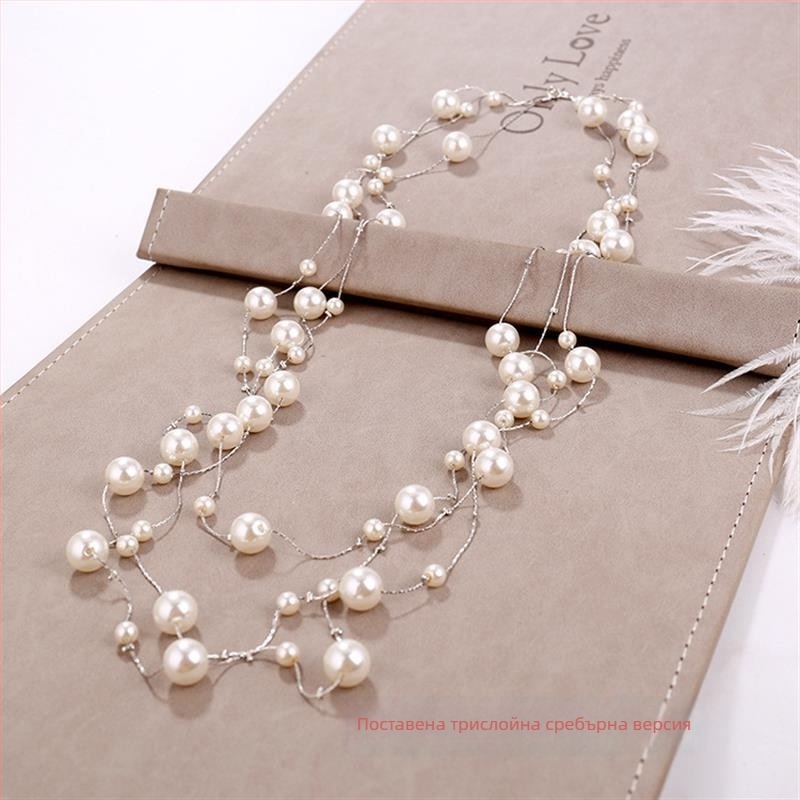 Дълго женско перлено колие, корейски стил, висулка върху пуловерна верига