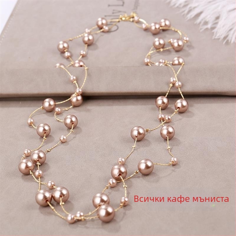 Дълго женско перлено колие, корейски стил, висулка върху пуловерна верига