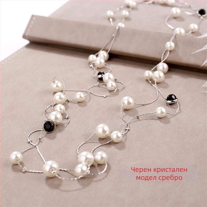 Дълго женско перлено колие, корейски стил, висулка върху пуловерна верига