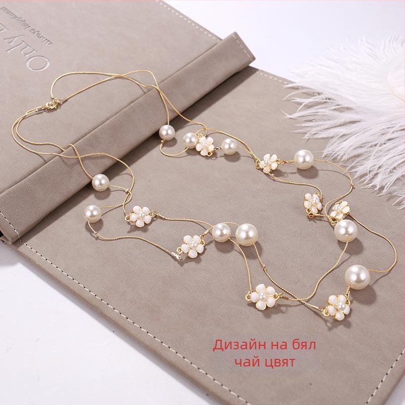 Дълго женско перлено колие, корейски стил, висулка върху пуловерна верига