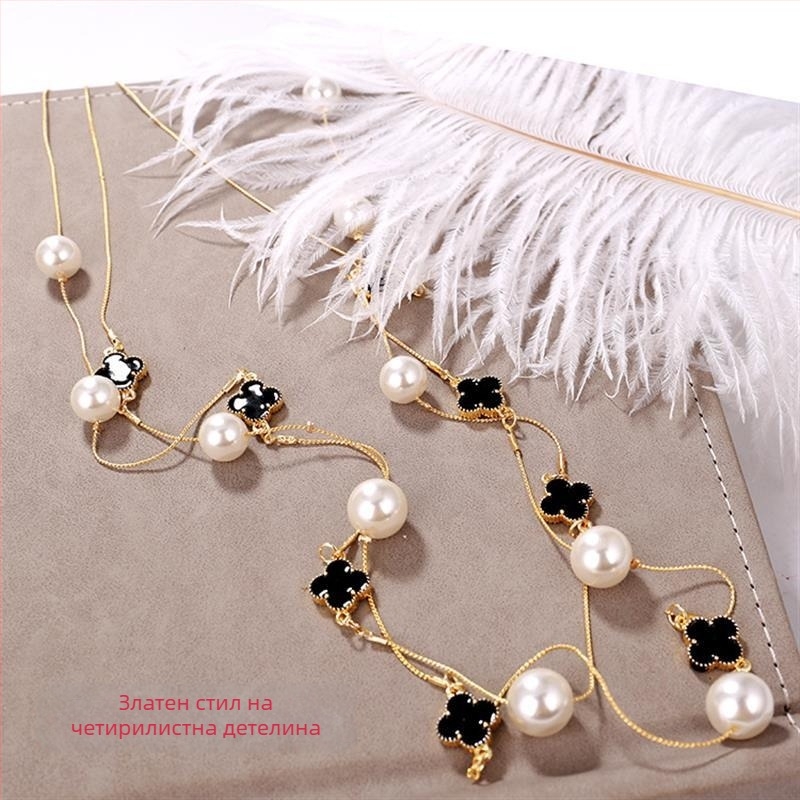 Дълго женско перлено колие, корейски стил, висулка върху пуловерна верига