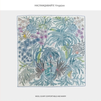 Yingqiao сатенен квадратен шал от коприна и вълна, оригинален растителен десен, Пролет 2024