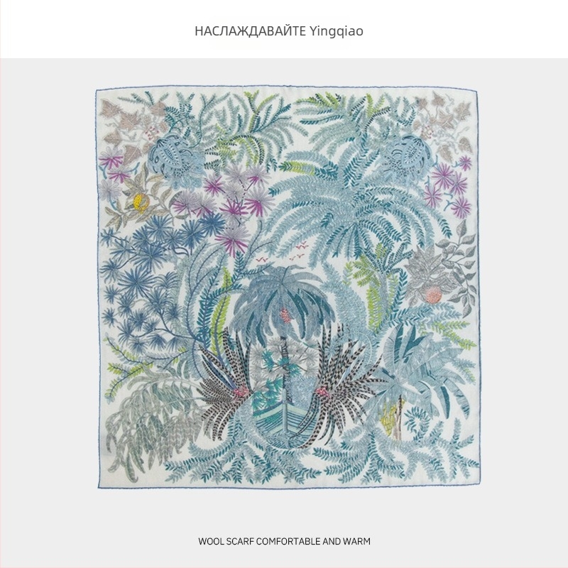 Yingqiao сатенен квадратен шал от коприна и вълна, оригинален растителен десен, Пролет 2024