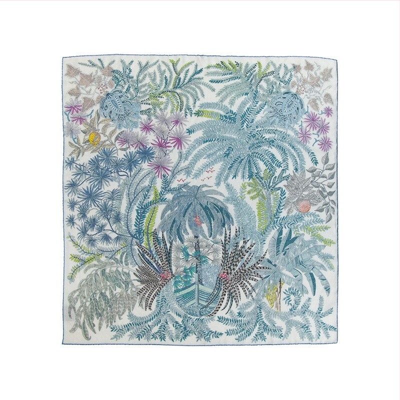 Yingqiao сатенен квадратен шал от коприна и вълна, оригинален растителен десен, Пролет 2024