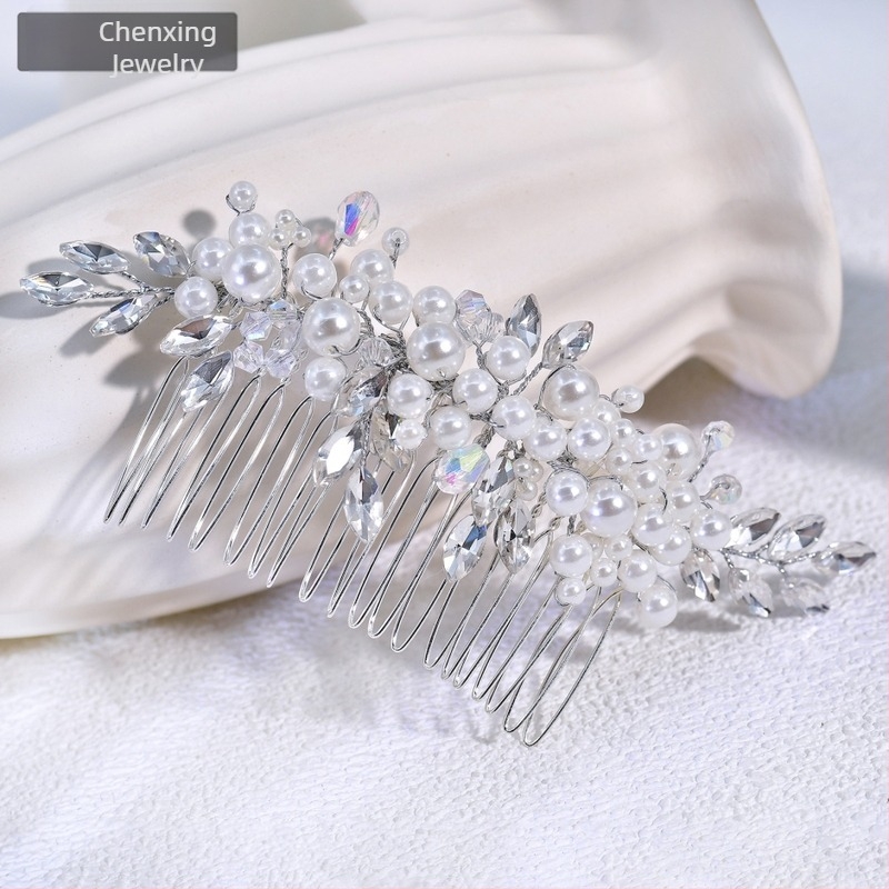 Chenxing Гребен за коса с перли и бял кристал, вълнообразен модел, ръчно изработен, за сватба CX13