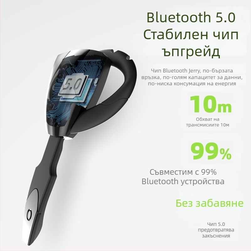 Bluetooth ушна слушалка с ушен обтегач за спорт и кола – обхват 10 м, IPX6 водоустойчивост, Bluetooth 5.0, автономия над 8 ч