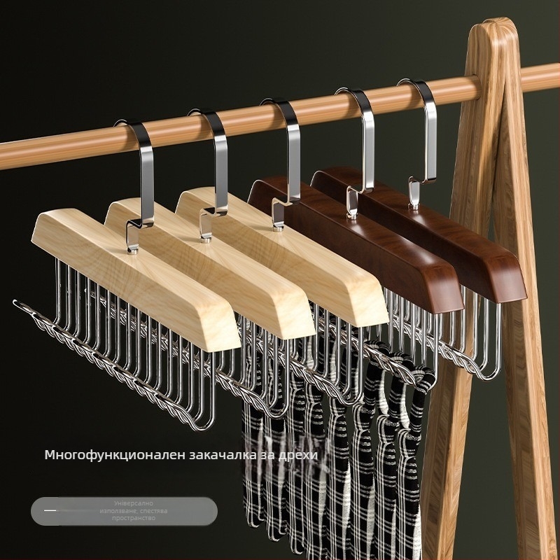 Дървена закачалка с 8 куки за дрехи, вратовръзки и жилетки – 2 броя, модерен минималистичен стил