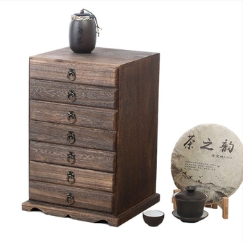 Дървена мултислойна настолна кутия за съхранение на пуер чай и бижута с чекмеджета (винтидж стил, дърво)