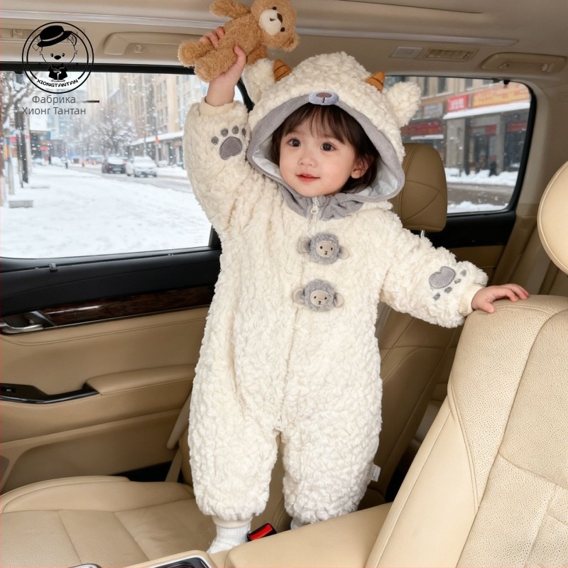 Бебешки зимен гащеризон с качулка – дебел филц, дълги ръкави, 100% полиестер, за новородени
