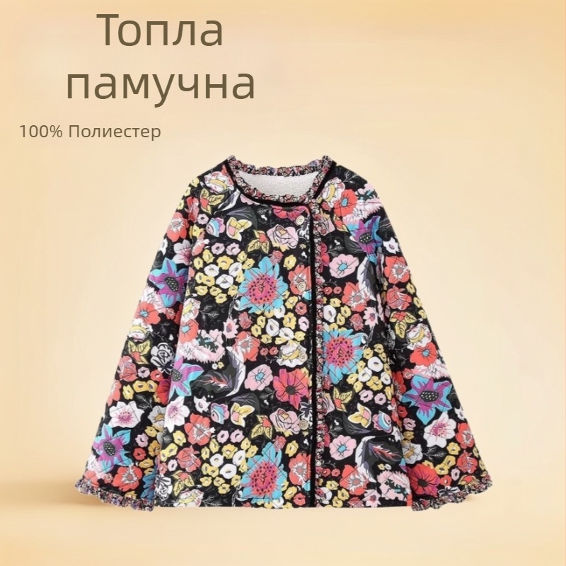 Дамско полиестерово палто за есен и зима със стояща яка, дълги ръкави, свободна кройка, флорален растителен принт, средна дължина, пълнител полиестер 80–90%