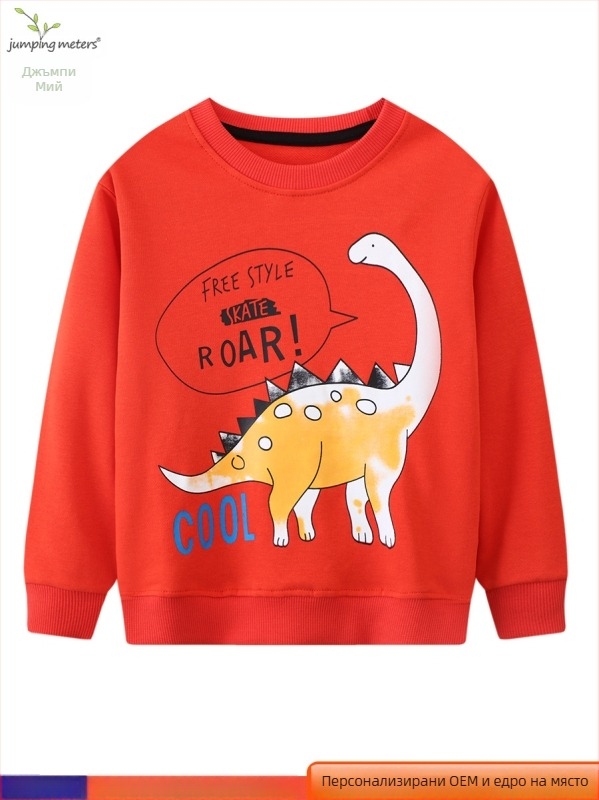 Детски пуловер със кръгло деколте за момчета, принт динозавър, дълги ръкави, мек плат, 80% памук