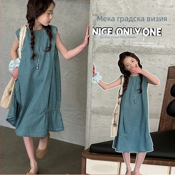 Дънкова пола с презрамки за момичета, без ръкави, А‑линия, летен модел 2025, за деца над 8 г