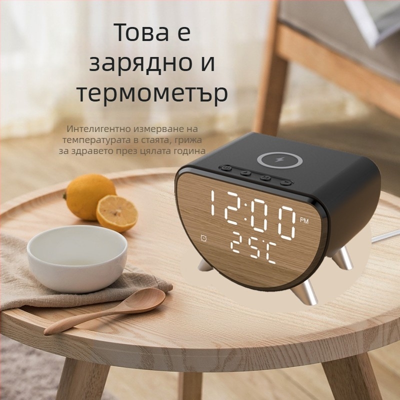 Три в едно безжично зарядно за бюро със будилник и термометър, 15W бързо зареждане, 2A изход, 18W обща мощност за iPhone
