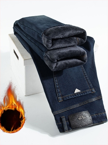 Дънки за мъже със slim-права кройка, деним с 89% памук, подплатени с флис, средна талия, цип