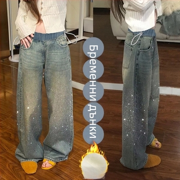 Дънки за бременни с звездни кристали, дебел зимен стил, свободна кройка, широки крачоли, висока талия и връзки за стягане, топли