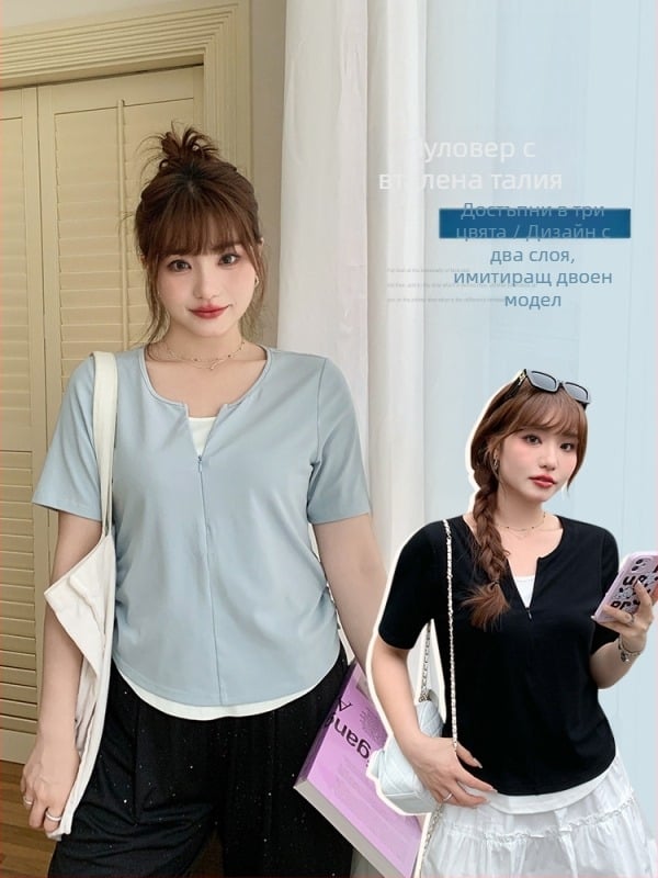 Дамски памучен топ с кръгла яка и къс ръкав (Памук 95%+, Лято 2024, Кръгла яка, Къс ръкав)