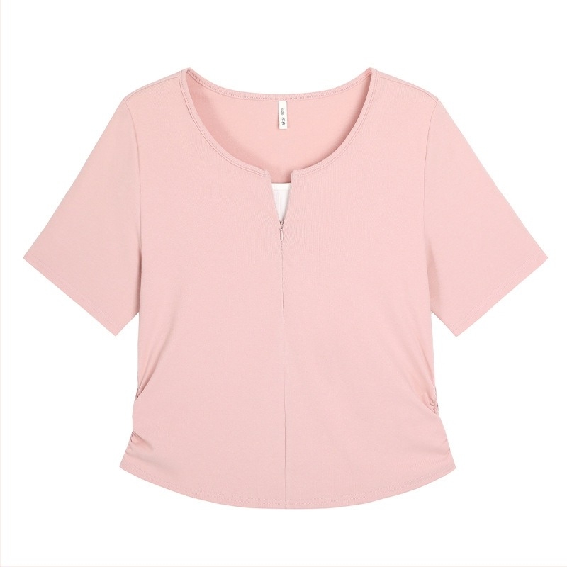 Дамски памучен топ с кръгла яка и къс ръкав (Памук 95%+, Лято 2024, Кръгла яка, Къс ръкав)