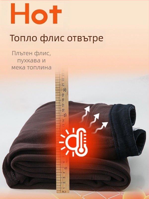 Дамски дънки от деним с флис подплата, широки крачоли, права кройка, висока талия, микроеластичност, зима 2025