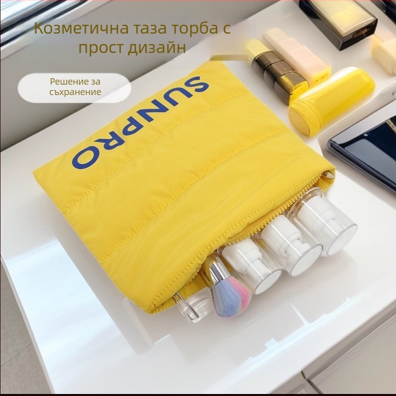 Козметична чанта за пътуване, хоризонтална квадратна форма, полиестер, шарка с букви, цип за отваряне