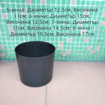 Черна PP пластмасова саксия за изкуствени растения, лъскав финиш, цилиндричен прав дизайн, размери 5, 6, 7 и 8 инча.