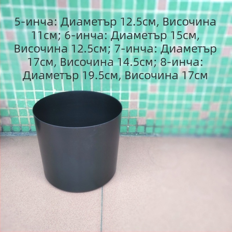 Черна PP пластмасова саксия за изкуствени растения, лъскав финиш, цилиндричен прав дизайн, размери 5, 6, 7 и 8 инча.
