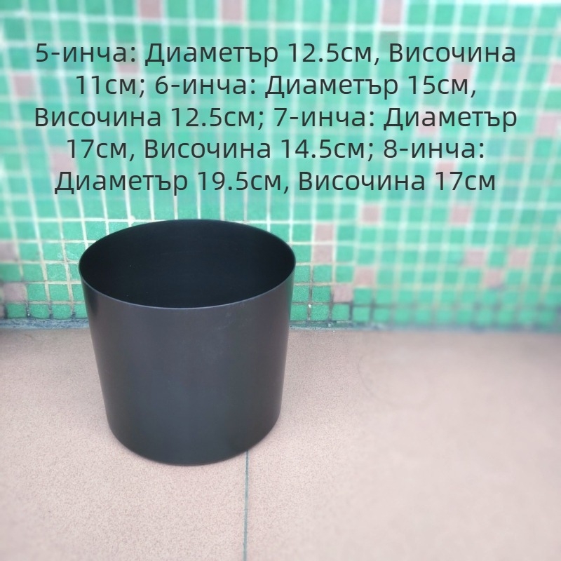 Черна PP пластмасова саксия за изкуствени растения, лъскав финиш, цилиндричен прав дизайн, размери 5, 6, 7 и 8 инча.