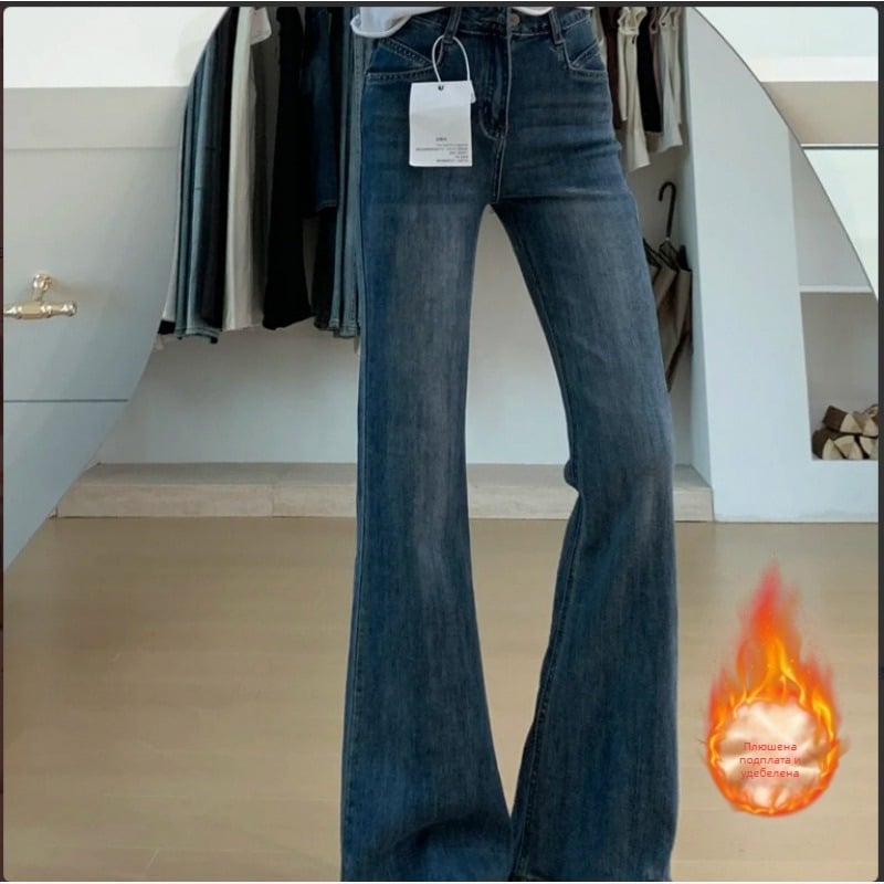 Дамски дънкови дънки с кройка bootcut, подплатени с флийс, висока талия, микро-разкроени крачоли, еластични