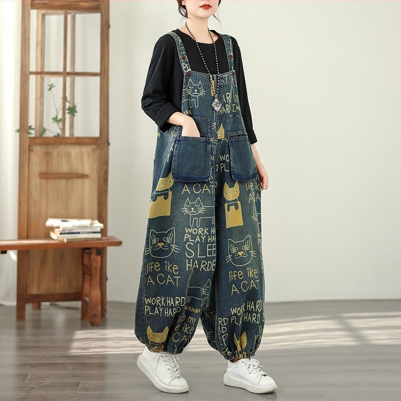 Дънков гащеризон за жени, свободна кройка, висока талия, принт, полиестрова смес 30–50%, пролет 2026