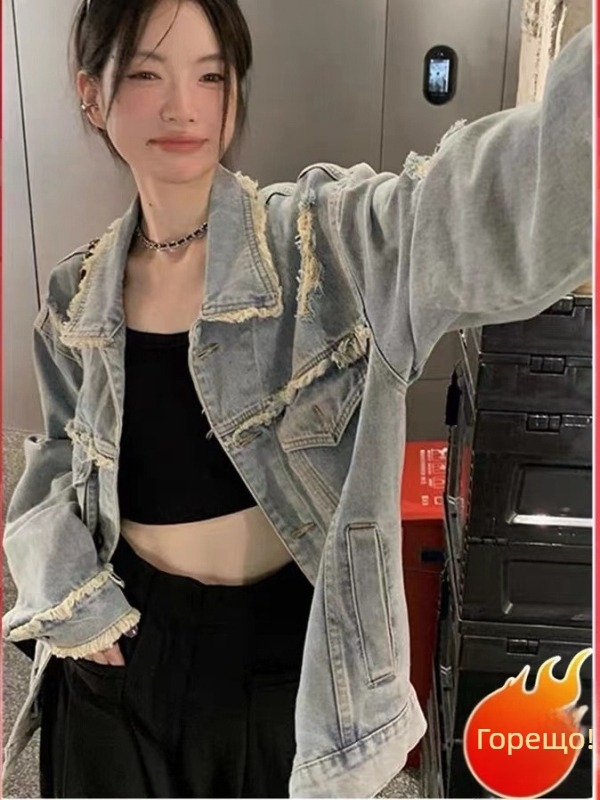 Дамска джинсов стил куртка с памук-полиестер смес, поло яка, дълги ръкави, есен 2023