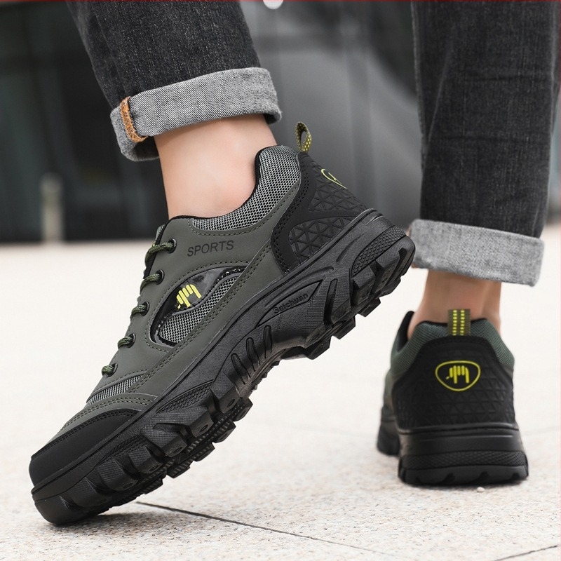 Мъжки обувки за походи за всички сезони - модел с цветен блок, горна част от композитна материя, подметка PU, връзване с шнурове