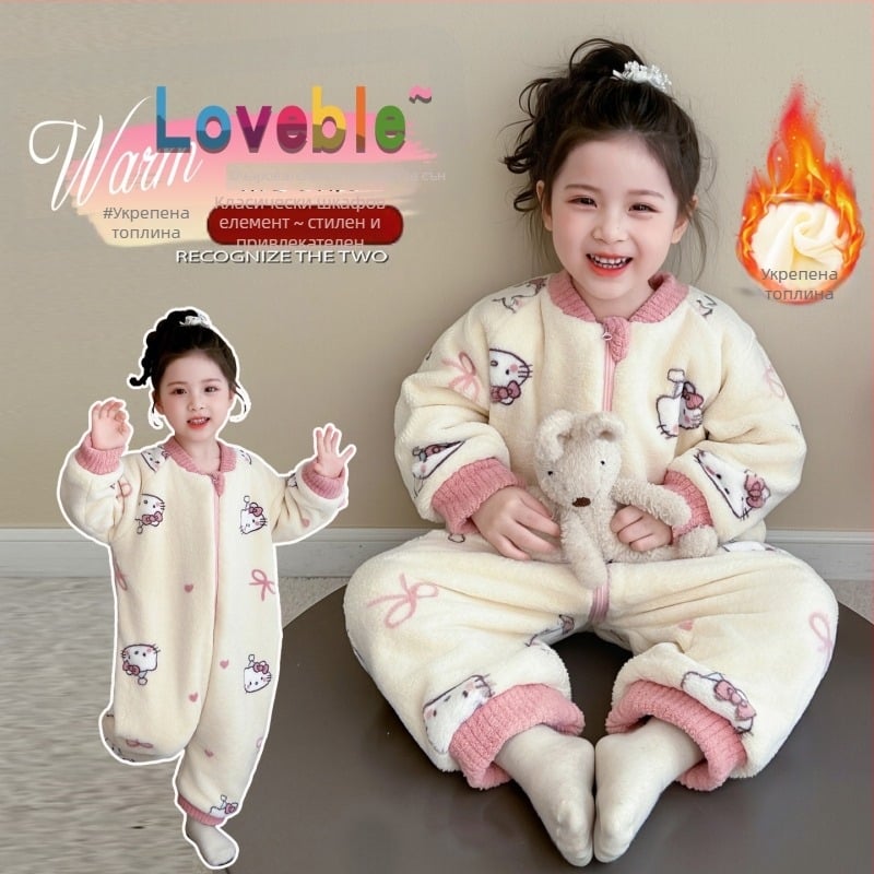 Детска фланелена пижама‑гащеризон за зима, с разделени крачета и спящ чувал, домашна дреха за пълзене, принцеса стил • 100% полиестер • за деца 3–8 г • сезон: зима • топло