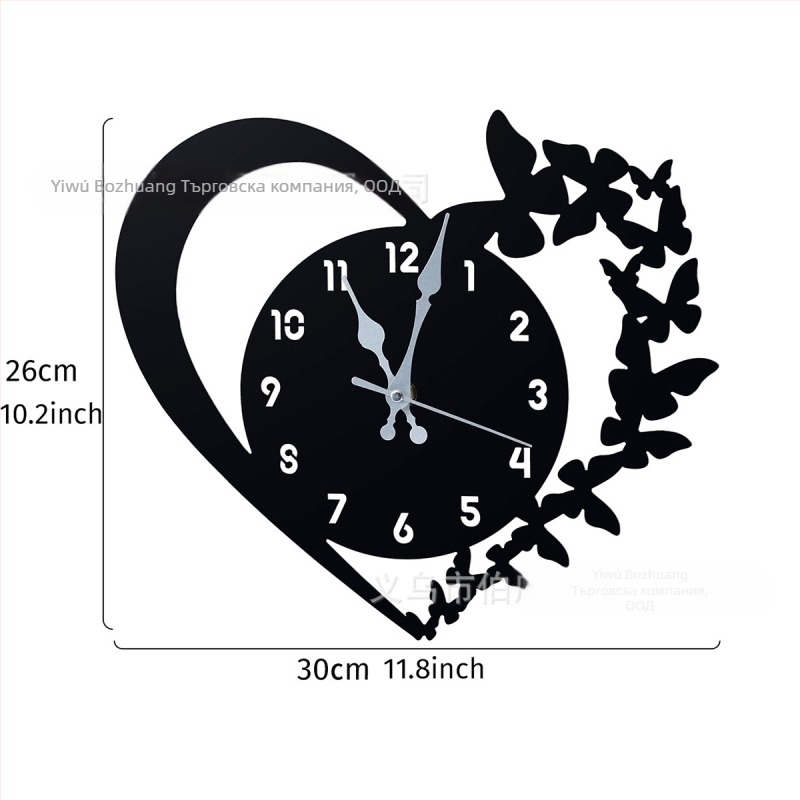 Стенен часовник със сърцевидна форма и черна пеперуда, акрил, модерен дизайн, сканиращи секунди