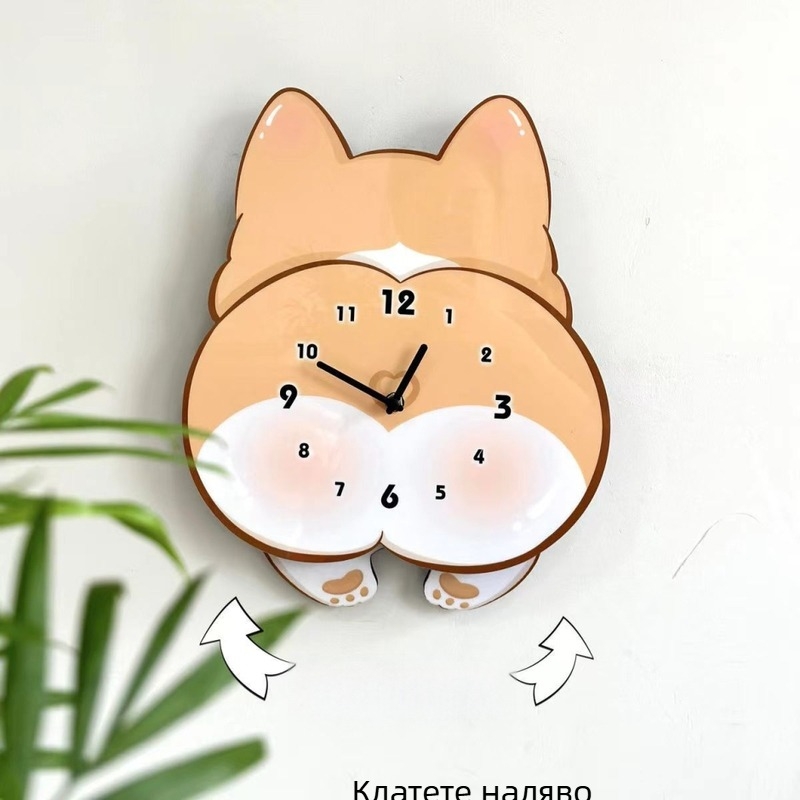 Стенно часовник с Корги – кръгъл дървен корпус, кварцов механизъм, захранван с батерия, едностранен