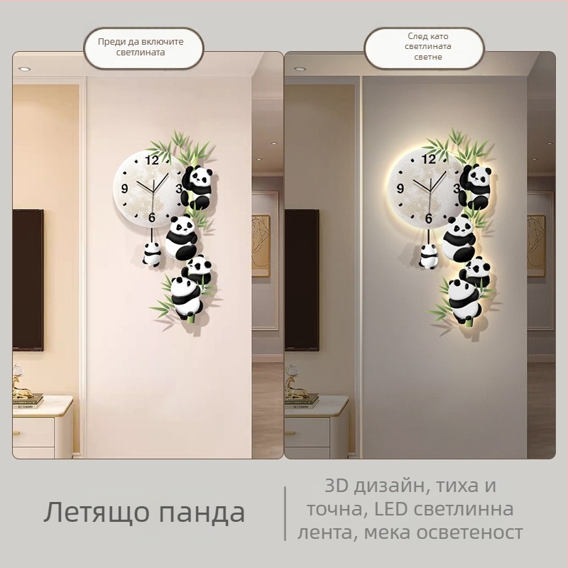 Стенен часовник с panda дизайн, LED дисплей, батерийно захранване, плавно движение, безрамков акрилен циферблат и огледало