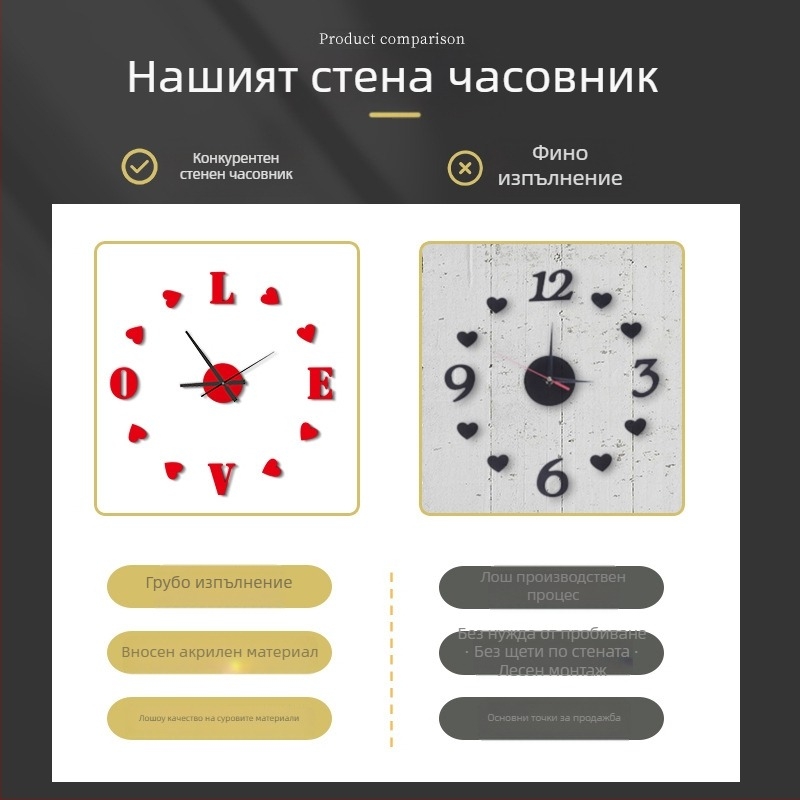 Стенно часовник, модерен квадратен стил, модел B0255, аналогов кварцов ход, едностранен циферблат