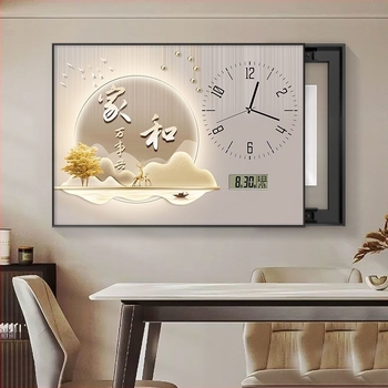 Декоративно платно за електромерна кутия със часовник и вечен календар — модерен скандинавски стил, метална рамка, циферблат от закалено стъкло, батерийно движение